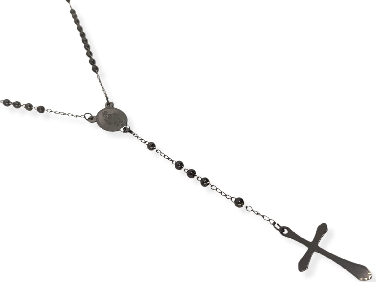 Habibi Jewels Collana Rosario in Acciaio da Uomo Donna Nera Grani Perline 4 mm Medaglietta Madonnina e Ciondolo Croce Idea Regalo Compleanno Laurea Onomastico Comunione