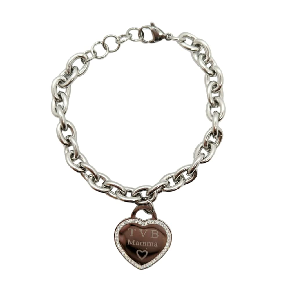Bracciale da donna in Acciaio con Cuore Scritta Frase TVB MAMMA con Zirconi Catena a Maglia Larga Braccialetto Ti Voglio Bene Compleanno Laurea Onomastico Festa della Mamma Festa della Donna