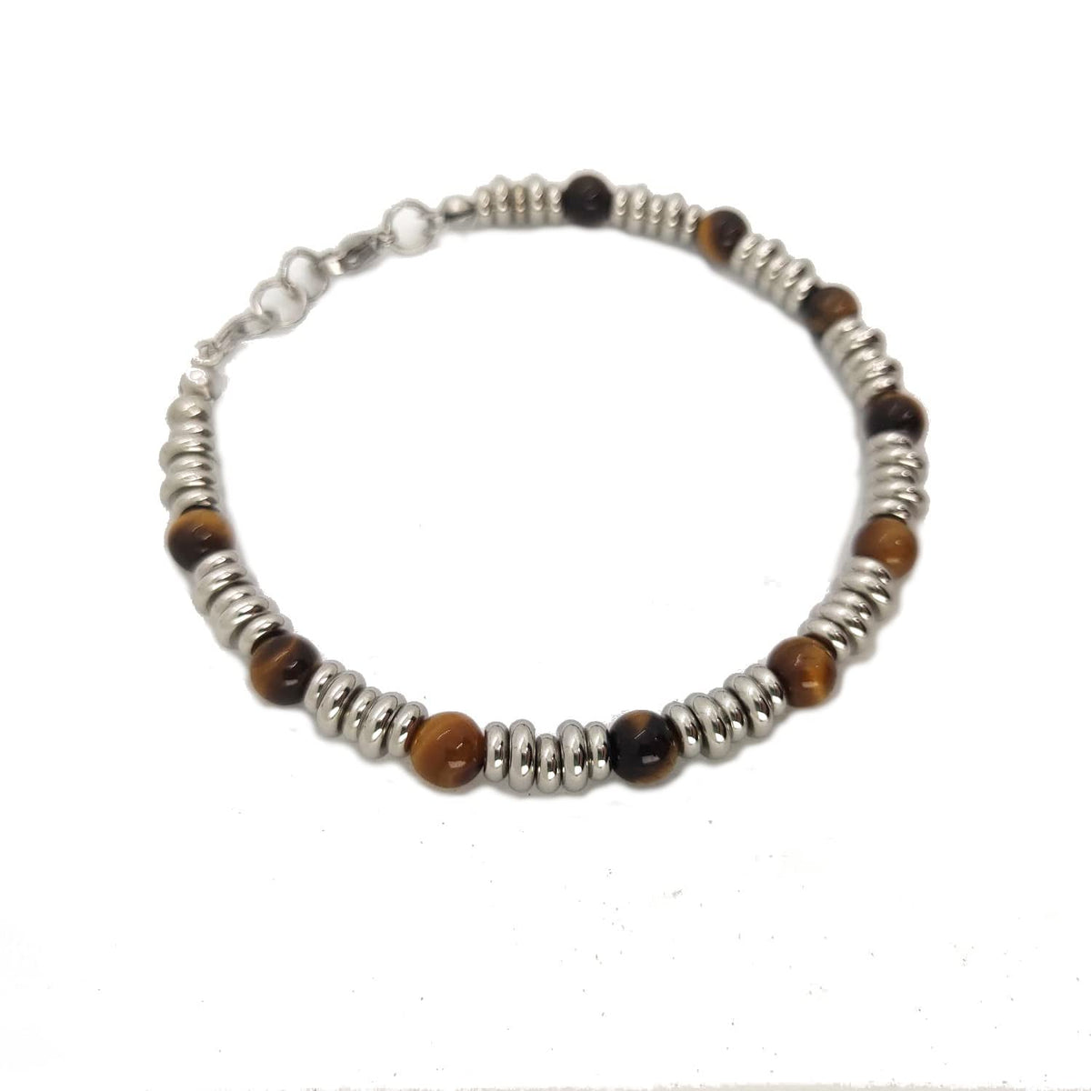 Bracciale da Uomo in Acciaio con Pietre Dure Occhio di Tigre 6 mm, dischetti in Acciaio Chiusura a Moschettone Lunghezza Regolabile Finitura Lucida Lavorazione Artigianale Fatto a Mano Made in Italy