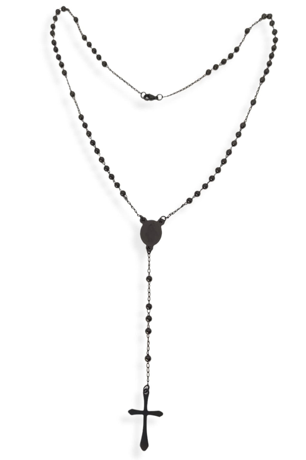 Habibi Jewels Collana Rosario in Acciaio da Uomo Donna Nera Grani Perline 4 mm Medaglietta Madonnina e Ciondolo Croce Idea Regalo Compleanno Laurea Onomastico Comunione