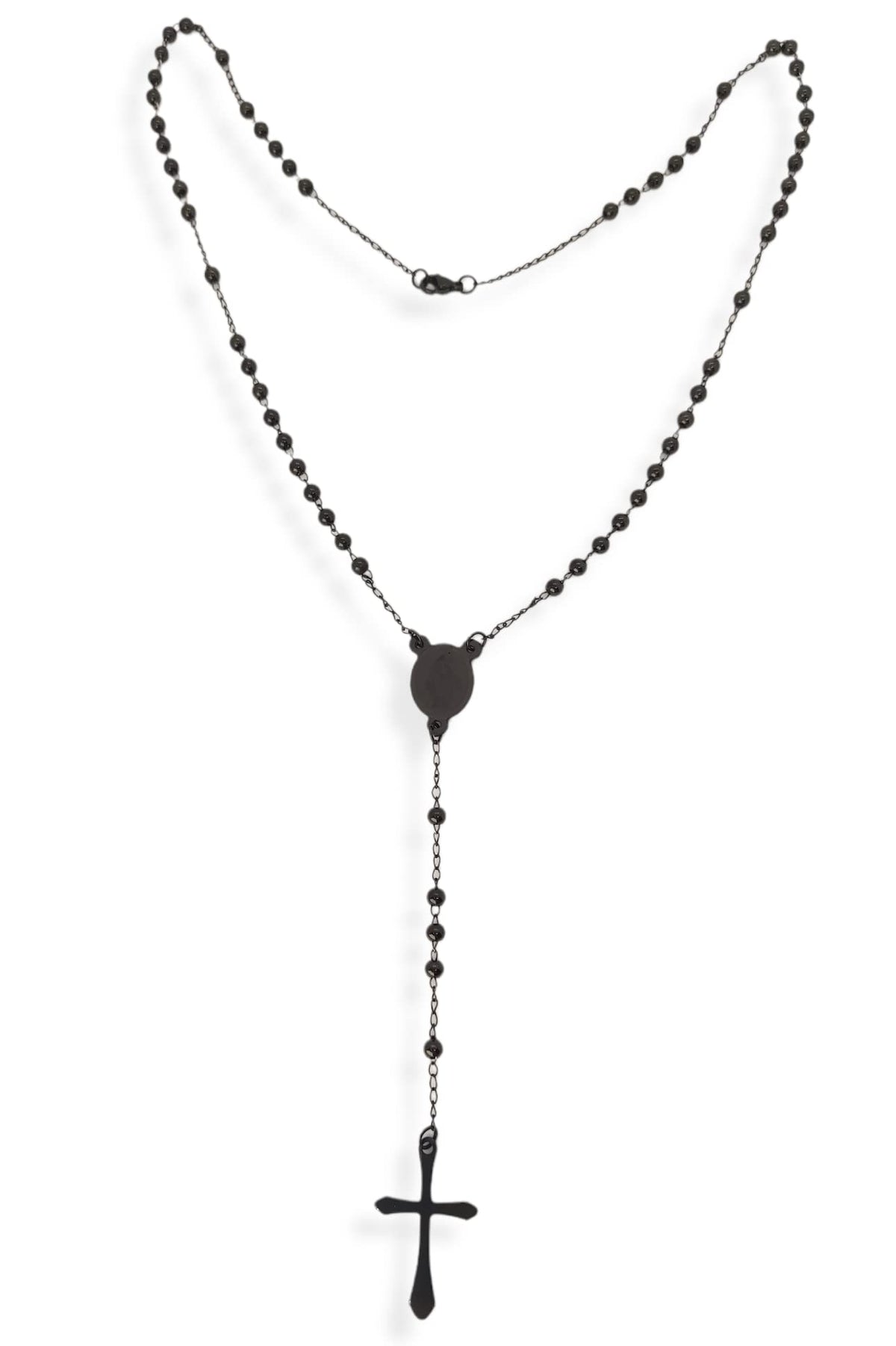 Habibi Jewels Collana Rosario in Acciaio da Uomo Donna Nera Grani Perline 4 mm Medaglietta Madonnina e Ciondolo Croce Idea Regalo Compleanno Laurea Onomastico Comunione