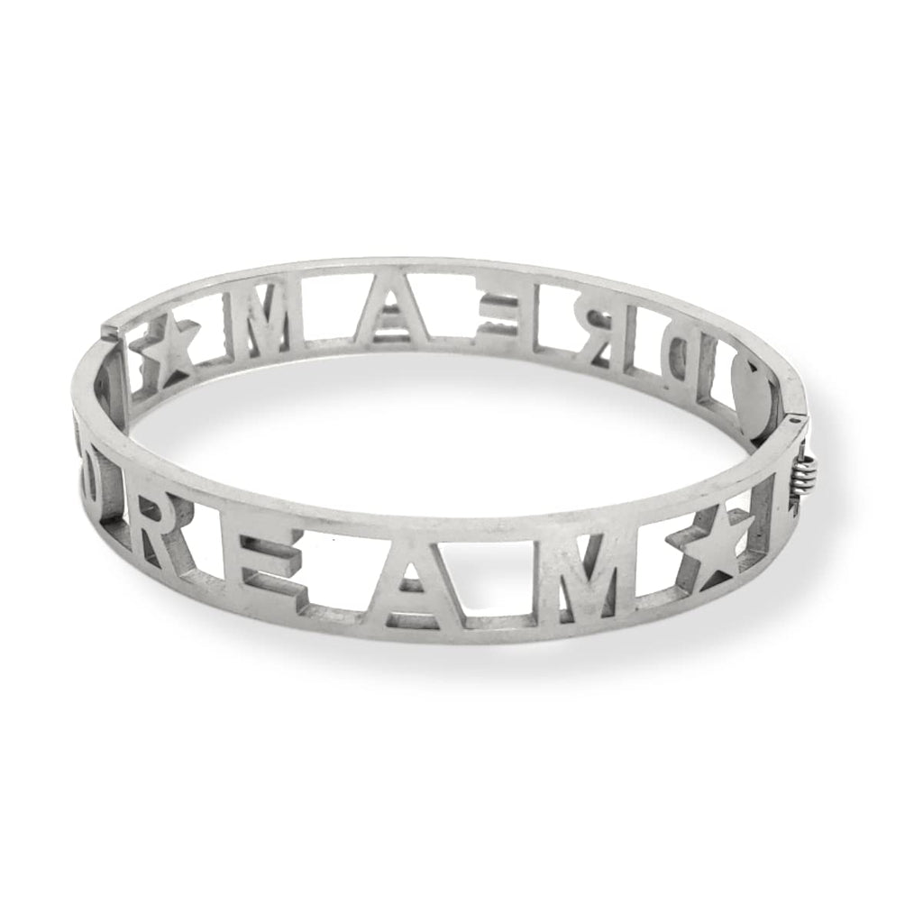 Habibi Jewels Bracciale Scritta Donna Acciaio Modello Rigido DREAM Sogno e Zirconi Bianchi Braccialetto Chiusura a Manetta Bracelet for woman Regalo Festa della Mamma Laurea Compleanno