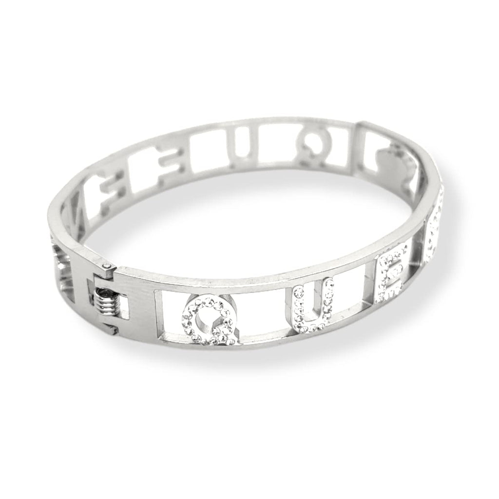 Habibi Jewels Bracciale Scritta Donna Acciaio Modello Rigido QUEEN Regina e Zirconi Bianchi Braccialetto Bracelet for woman Chiusura a Manetta Regalo Festa della Mamma Laurea Compleanno