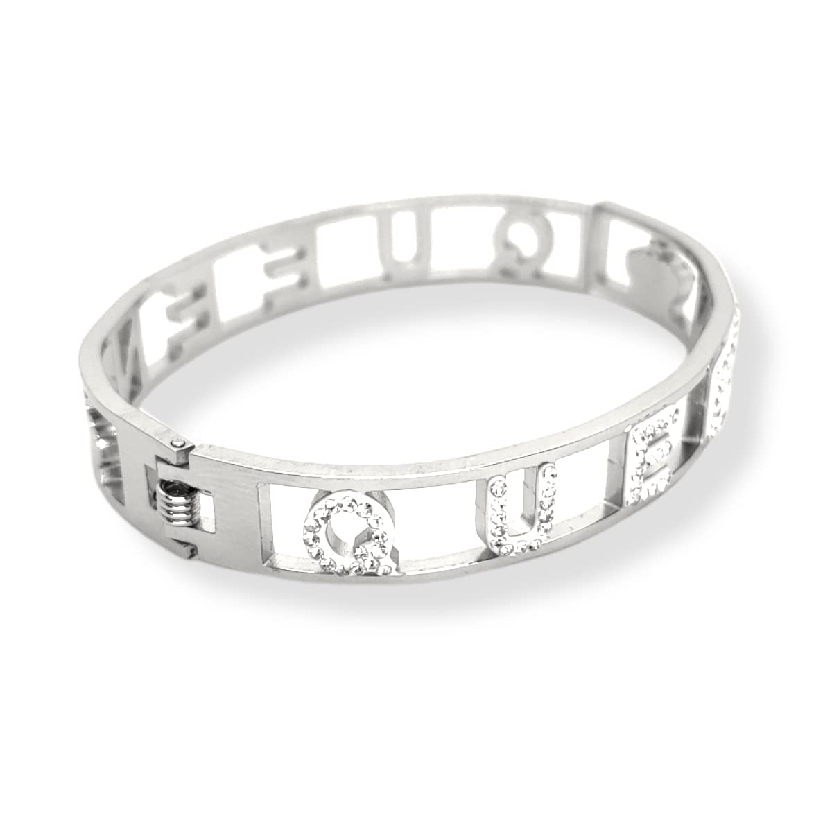 Habibi Jewels Bracciale Scritta Donna Acciaio Modello Rigido QUEEN Regina e Zirconi Bianchi Braccialetto Bracelet for woman Chiusura a Manetta Regalo Festa della Mamma Laurea Compleanno