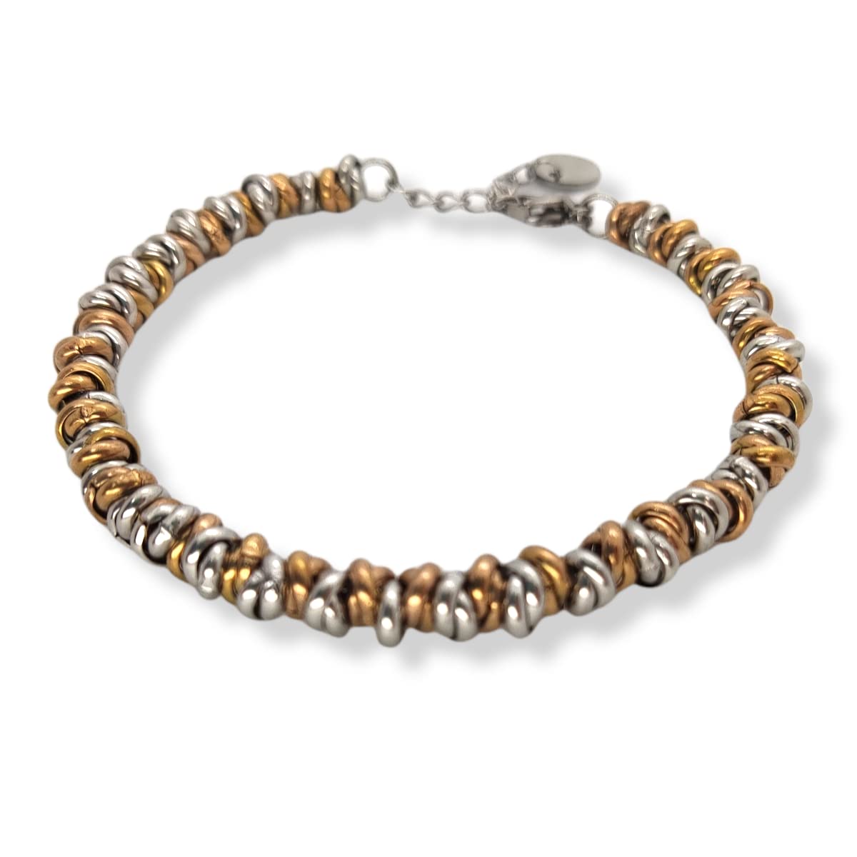 Bracciale Cerchietti Donna in Acciaio con Nodini Intrecciati Bronzo Chiusura a Moschettone Braccialetto Ragazza Bracelet for Woman Idea Regalo Festa della Mamma Festa della Donna Compleanno Laurea