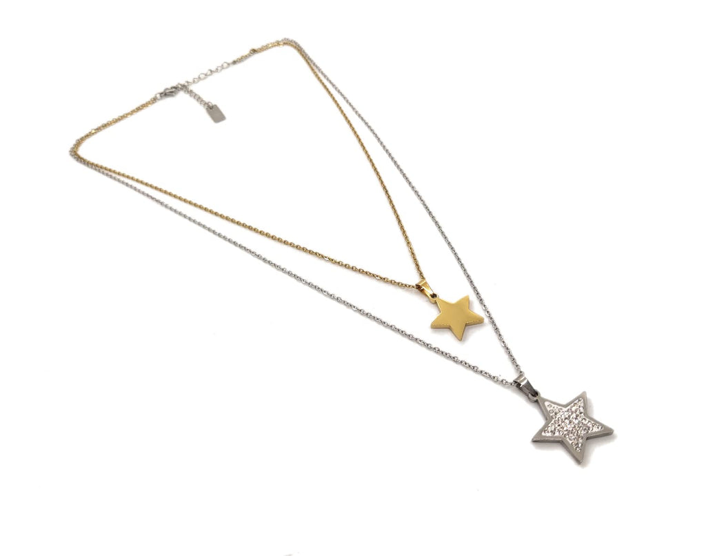 Habibi Jewels Collana da Donna in Acciaio Doppio Filo con Stelle e Strass Silver Color Oro Gold Stella Amore Amicizia Idea Regalo San Valentino Compleanno Laurea