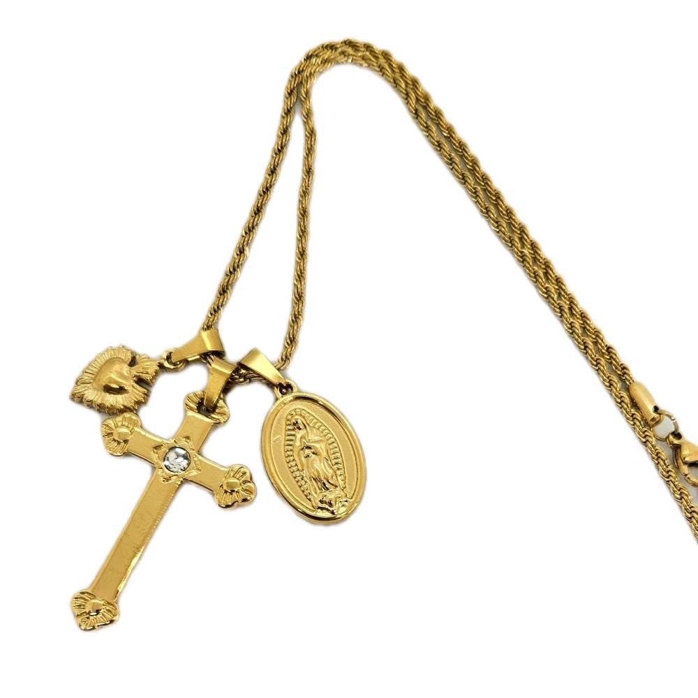 Habibi Jewels Collana Acciaio Croce Sacro Cuore Madonnina Gold Dorato con Collana Torchon Intrecciata per Donna Elegante e Moderna Festa della Mamma Compleanno Idea Regalo