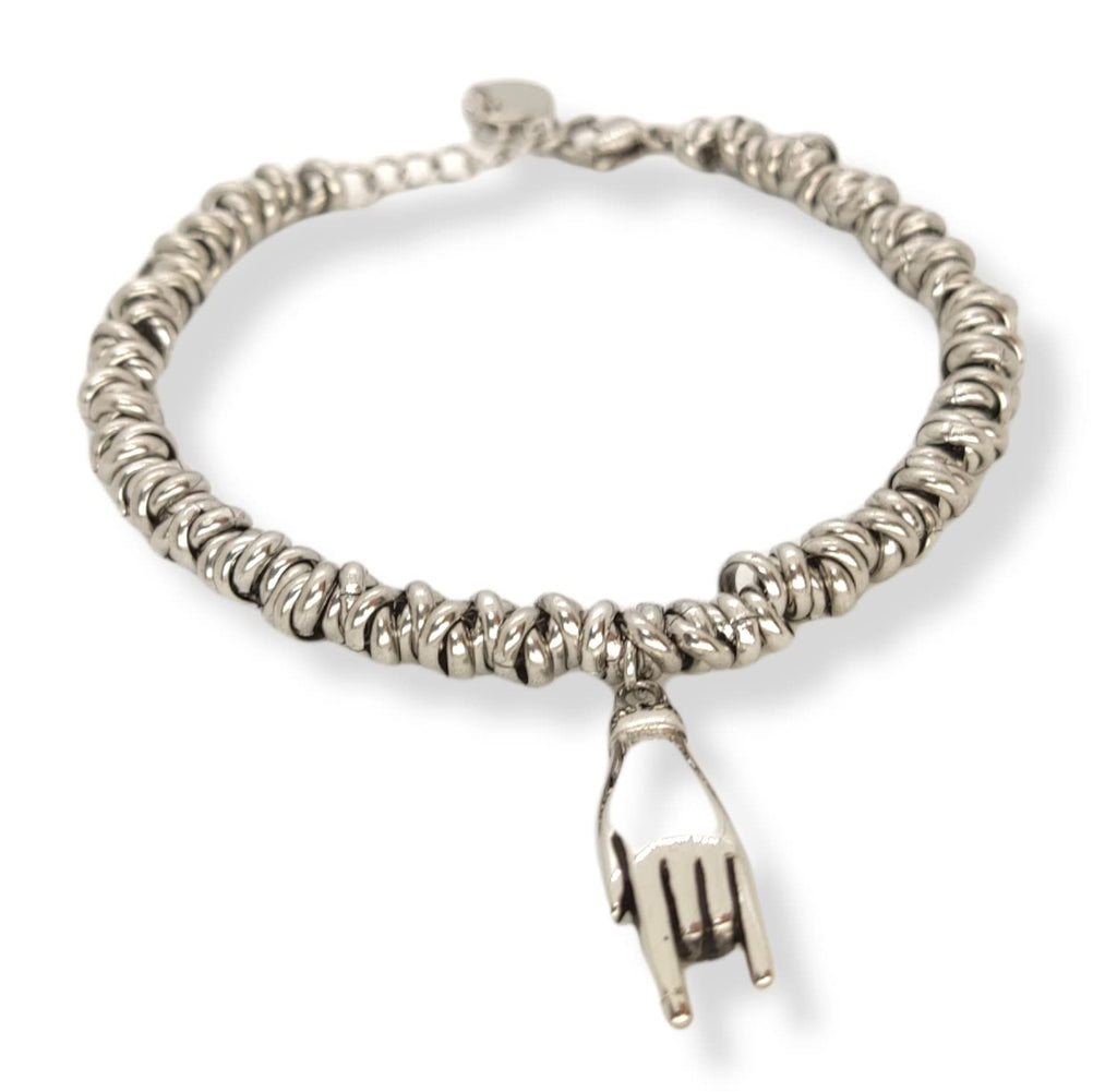 Habibi Jewels Bracciale Portafortuna Donna Acciaio con Nodini Cerchietti Intrecciati con Ciondolo Pendente a Forma di Mano Corna Braccialetto Bracelet for Woman Gioiello Bijoux Idea Regalo