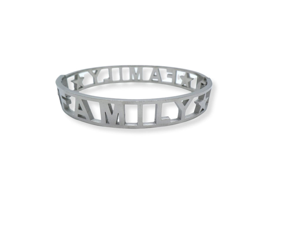 Habibi Jewels Bracciale FAMILY in Acciaio Inox Modello Rigido da Donna con Scritta Zirconi Bianchi Braccialetto Bracelet for woman Chiusura a Manetta Idea Regalo Compleanno Laurea Amicizia Amore