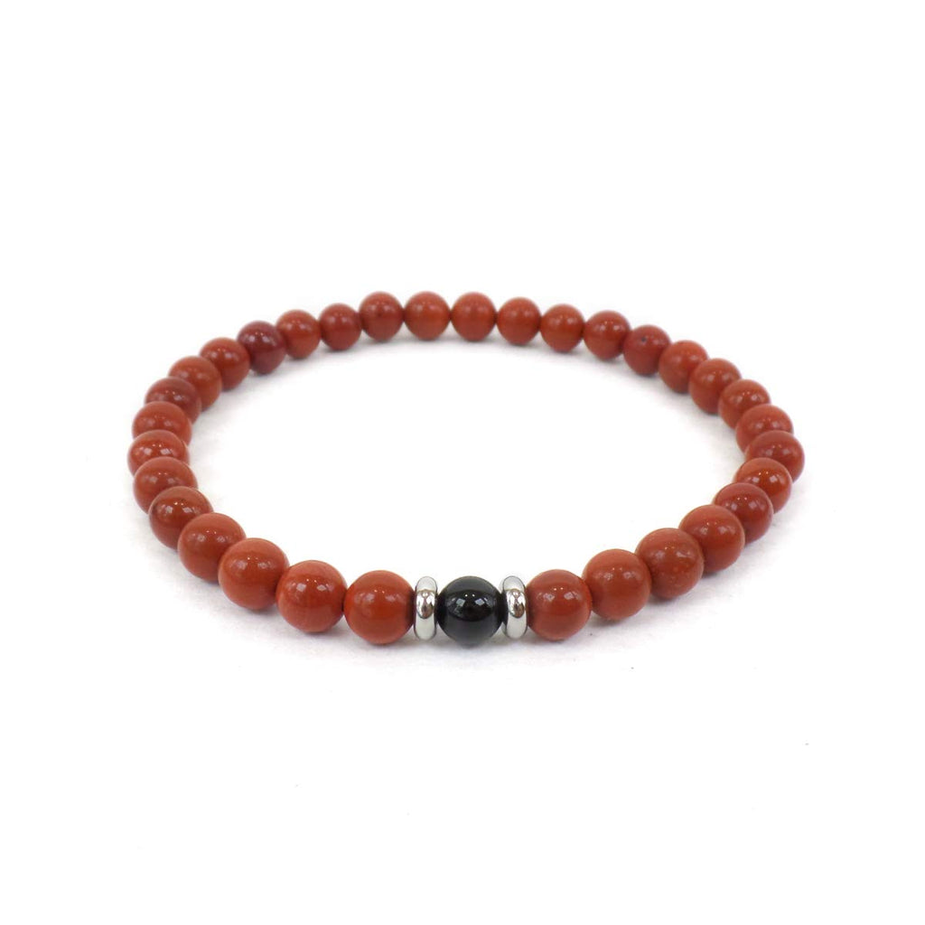 Bracciale Elastico con Pietre dure naturali Diaspro Rosso e Onice nera 6 mm ed elementi in Acciaio per Uomo Donna Made in Italy artigianale Fatto a mano Braccialetto