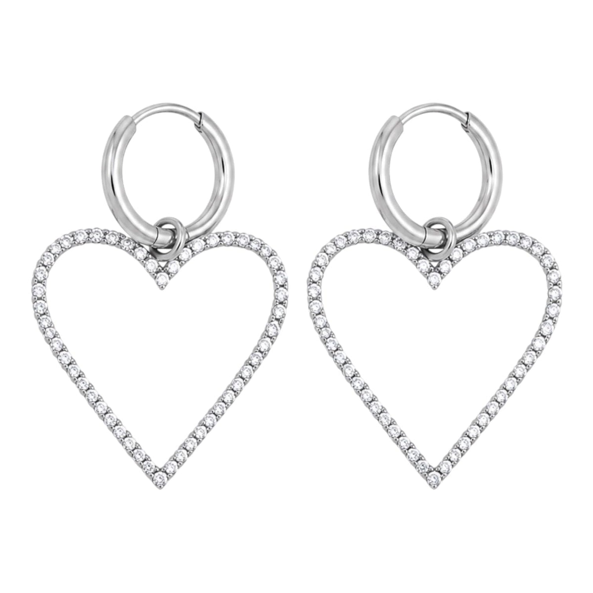 Orecchini in Acciaio Silver Cerchietti con Cuore Brillantini Strass da Donna Eleganti e Raffinati Idea Regalo