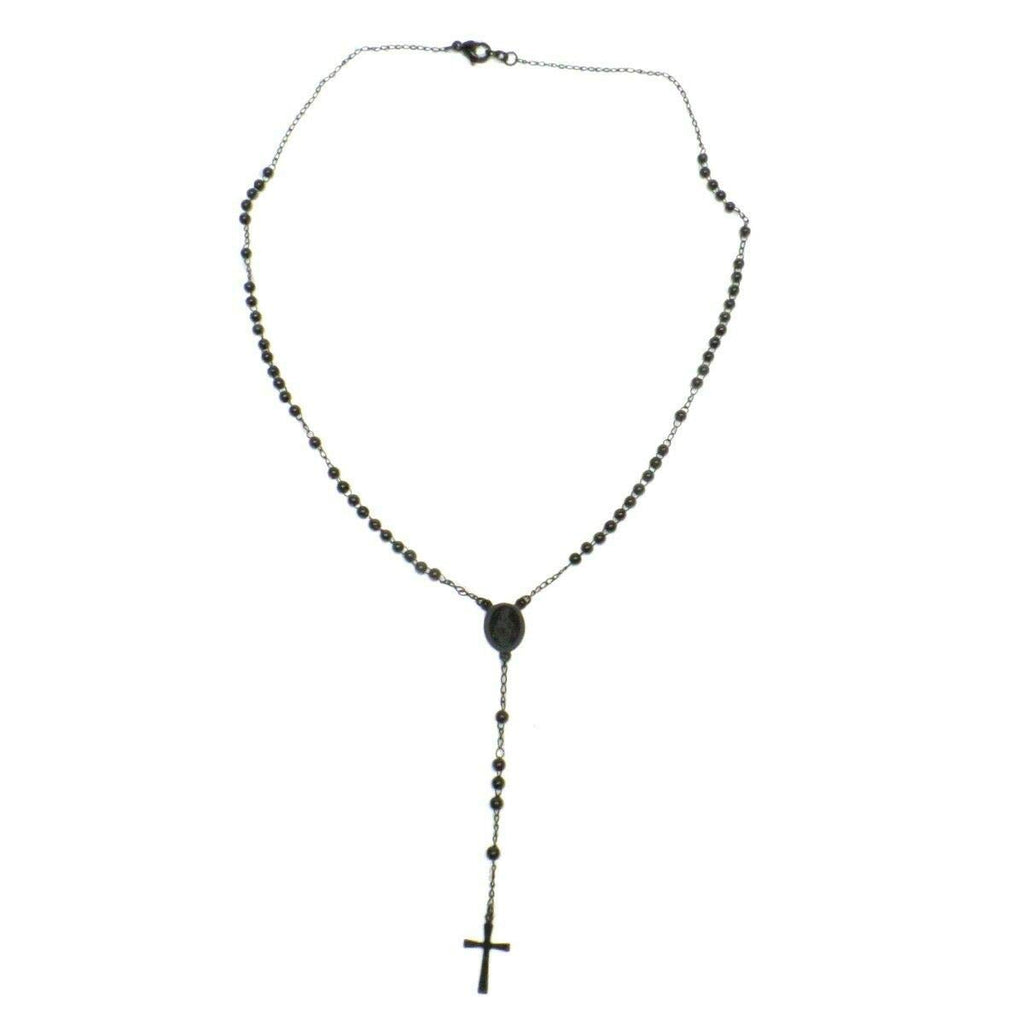 Habibi Jewels Collana Rosario in Acciaio da Uomo Donna Nera Grani Perline Medaglietta Madonnina e Ciondolo Croce Idea Regalo Compleanno Laurea Onomastico Comunione