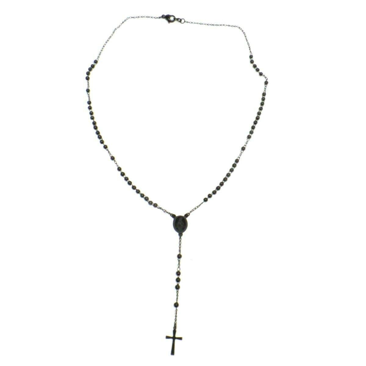 Habibi Jewels Collana Rosario in Acciaio da Uomo Donna Nera Grani Perline Medaglietta Madonnina e Ciondolo Croce Idea Regalo Compleanno Laurea Onomastico Comunione