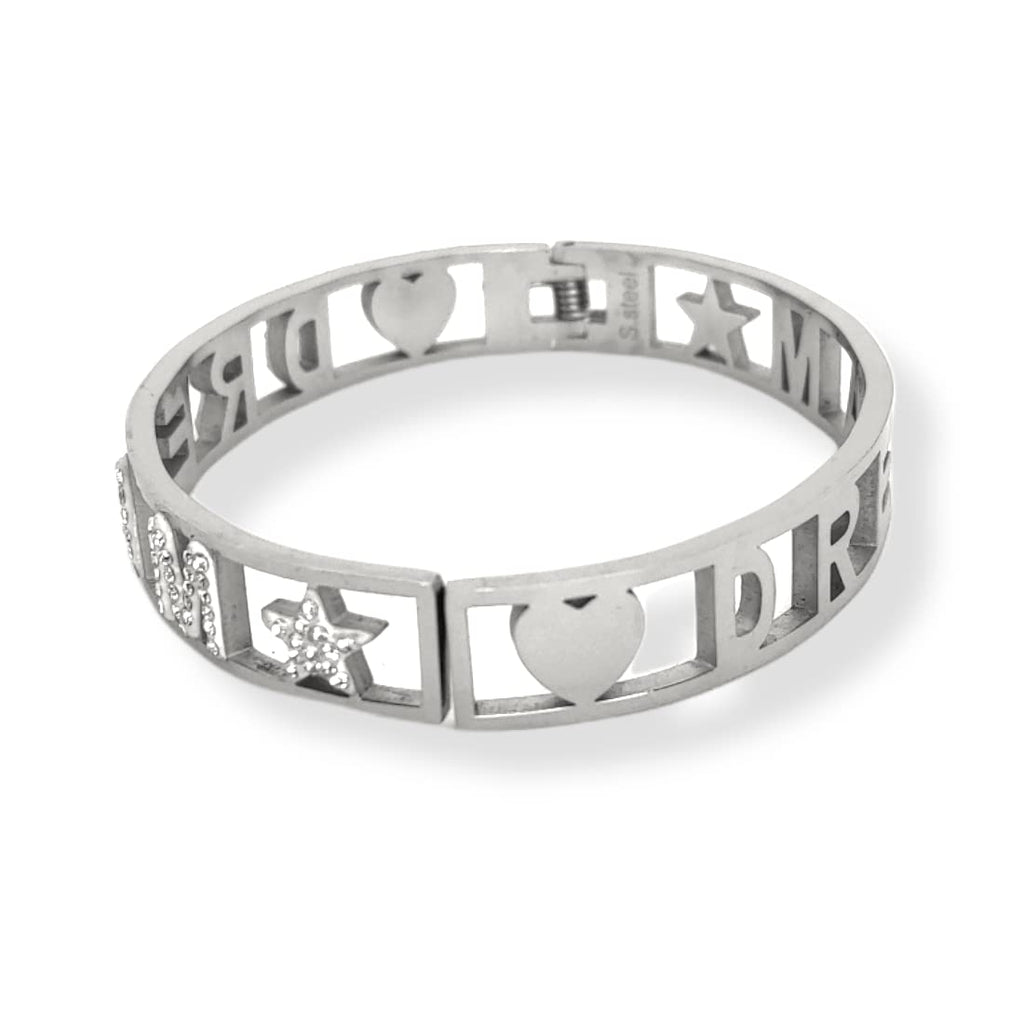 Habibi Jewels Bracciale Scritta Donna Acciaio Modello Rigido DREAM Sogno e Zirconi Bianchi Braccialetto Chiusura a Manetta Bracelet for woman Regalo Festa della Mamma Laurea Compleanno