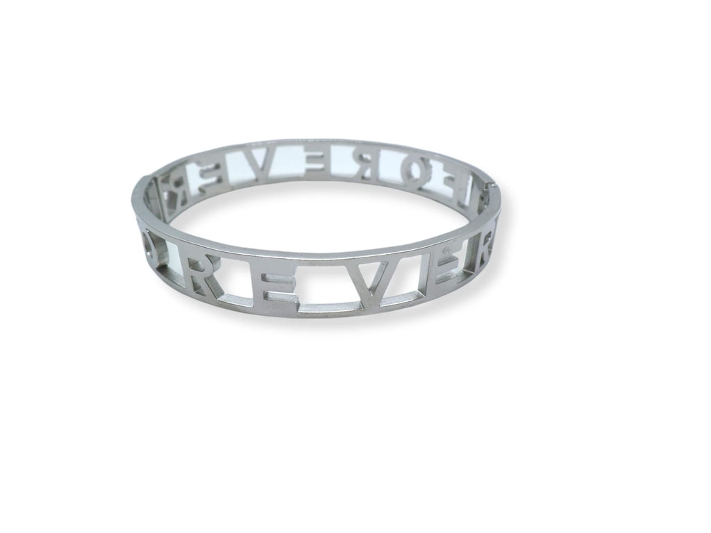 Habibi Jewels Bracciale FOR EVER in Acciaio Modello Rigido da Donna con Scritta Zirconi Bianchi Braccialetto Bracelet for woman Chiusura a Manetta Idea Regalo Compleanno Laurea Amicizia Amore
