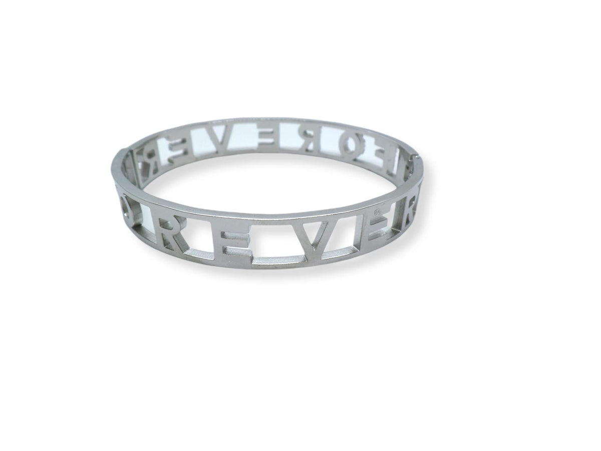 Habibi Jewels Bracciale FOR EVER in Acciaio Modello Rigido da Donna con Scritta Zirconi Bianchi Braccialetto Bracelet for woman Chiusura a Manetta Idea Regalo Compleanno Laurea Amicizia Amore