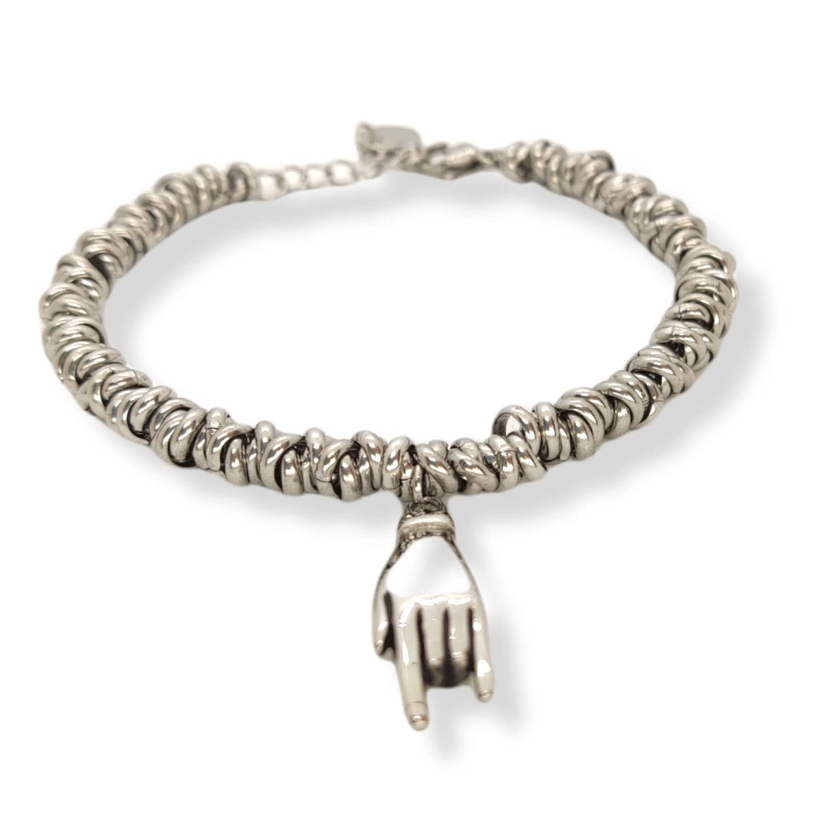Habibi Jewels Bracciale Portafortuna Donna Acciaio con Nodini Cerchietti Intrecciati con Ciondolo Pendente a Forma di Mano Corna Braccialetto Bracelet for Woman Gioiello Bijoux Idea Regalo