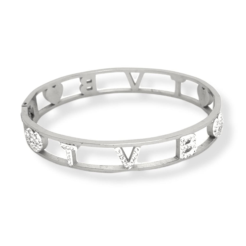 Bracciale Ti Voglio Bene Frase Donna Acciaio Modello Rigido con Scritta TVB e Zirconi Bianchi Braccialetto Scritta Bracelet for woman Regalo Festa della mamma Laurea Compleanno Chiusura a Manetta