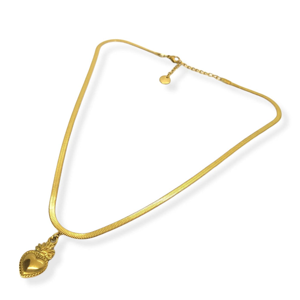Habibi Jewels Collana da Donna in Acciaio Modello Piatto Snake Color Oro Giallo Dorata con Ciondolo Sacro Cuore Ex Voto Idea Regalo Compleanno Festa della Mamma Natale