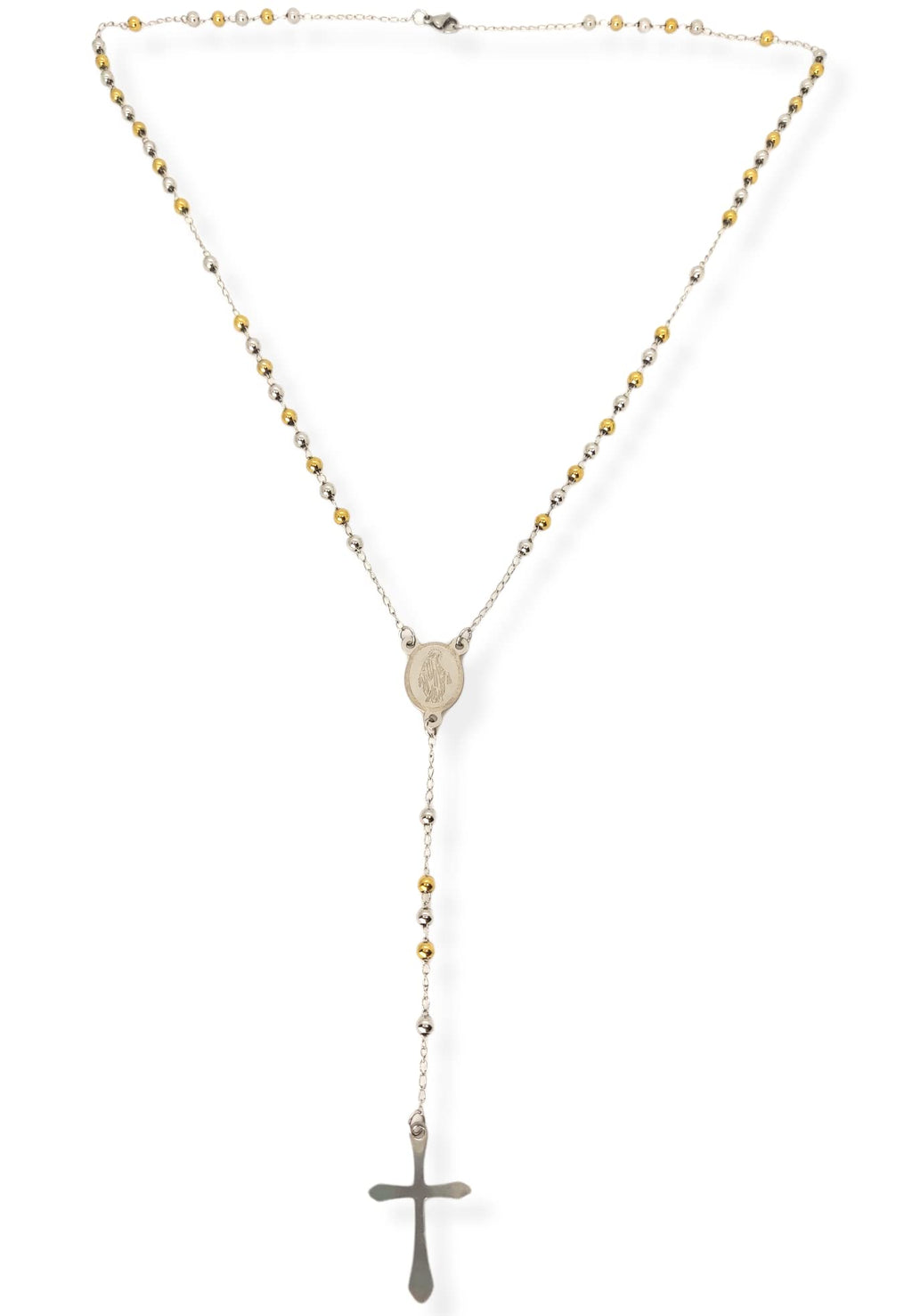 Habibi Jewels Collana Rosario in Acciaio da Uomo Donna Silver e Gold Grani Perline 4 mm Dorata Medaglietta Madonnina e Ciondolo Croce Idea Regalo Compleanno Laurea Onomastico Comunione