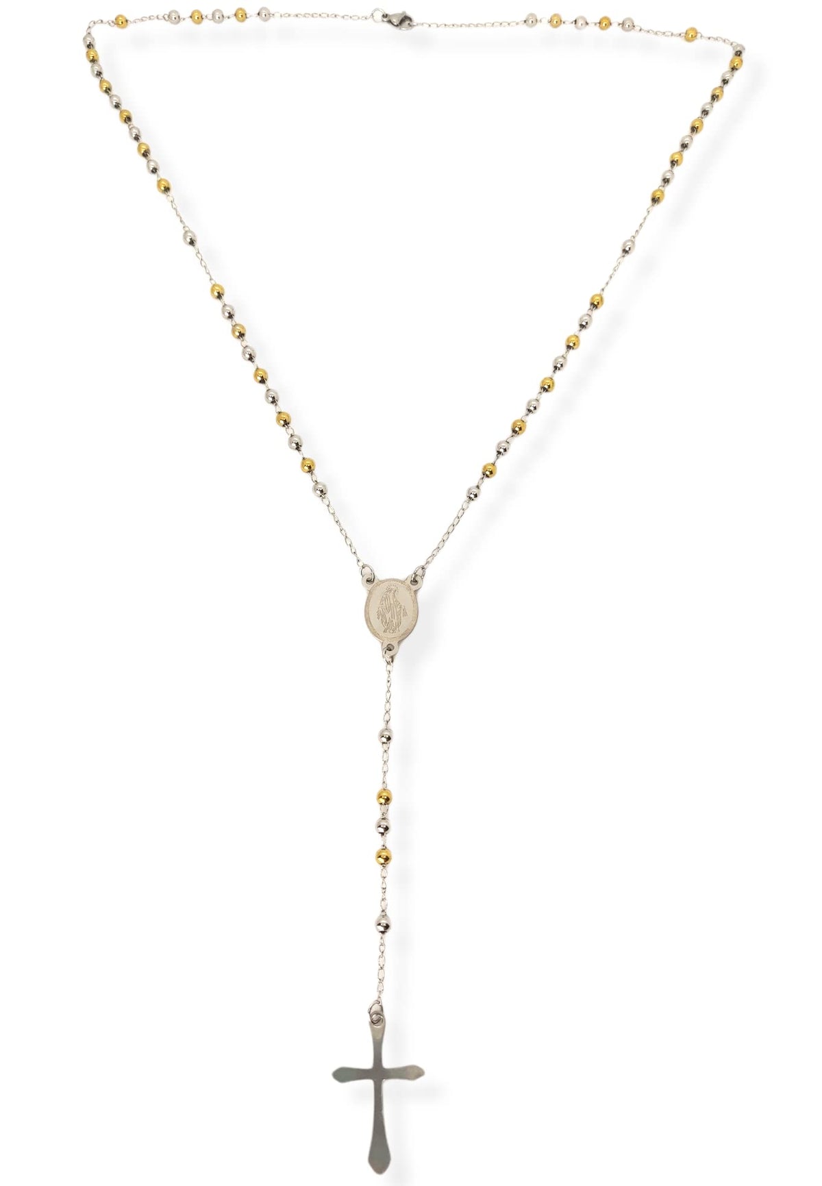 Habibi Jewels Collana Rosario in Acciaio da Uomo Donna Silver e Gold Grani Perline 4 mm Dorata Medaglietta Madonnina e Ciondolo Croce Idea Regalo Compleanno Laurea Onomastico Comunione