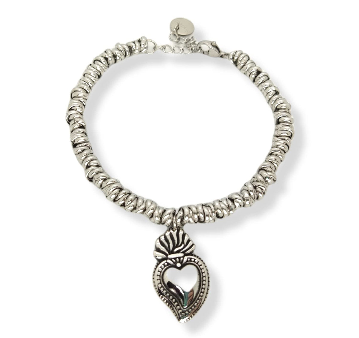 Habibi Jewels Bracciale donna acciaio con nodini cerchietti intrecciati con ciondolo a forma di Sacro Cuore Sacré Couer Ex Voto Idea Regalo Compleanno Festa della Mamma Natale