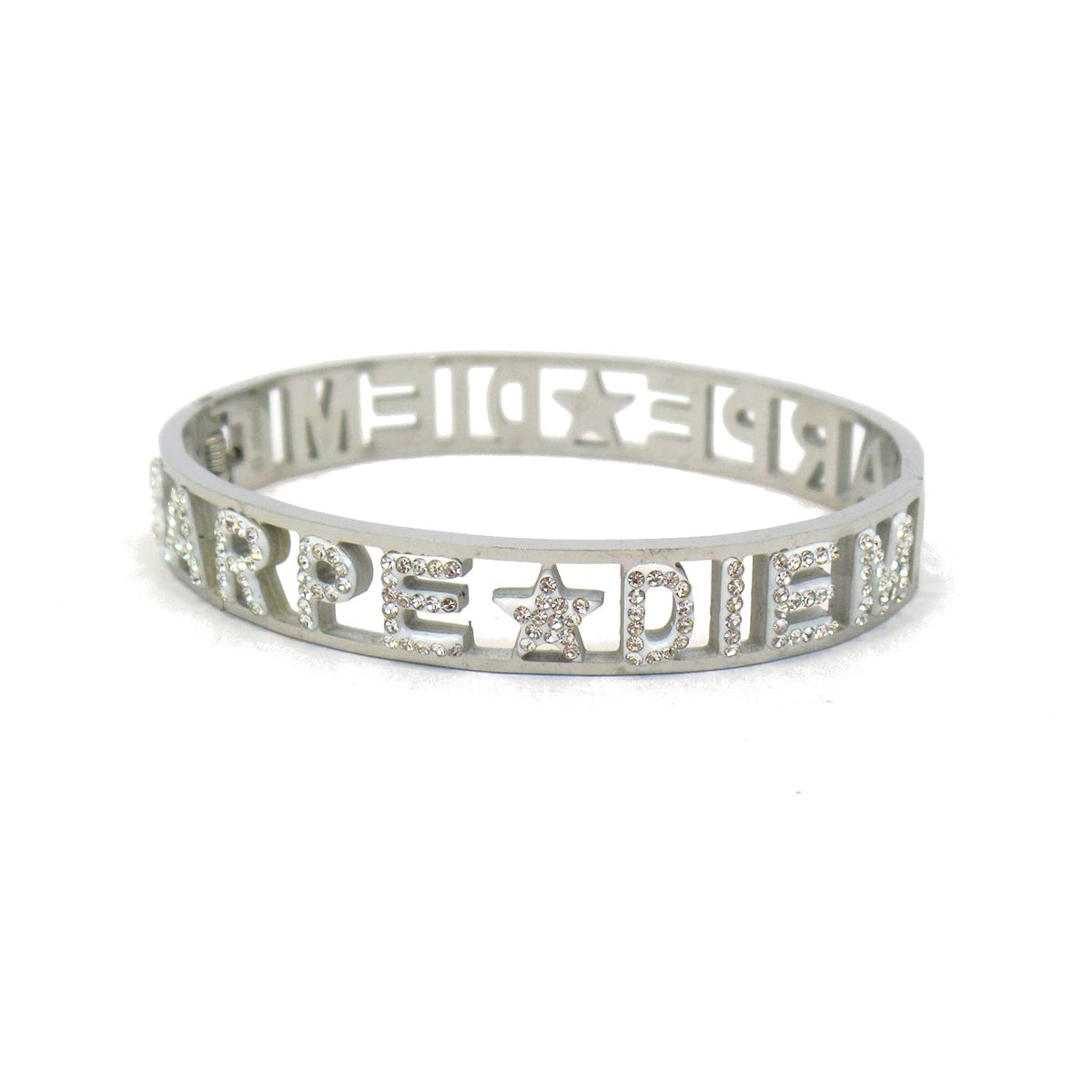 Habibi Jewels Bracciale Carpe Diem Frase Donna Acciaio Modello Rigido con Scritta e Zirconi Bianchi Braccialetto Bracciale Cogli l'attimo Chiusura a Manetta Idea Regalo