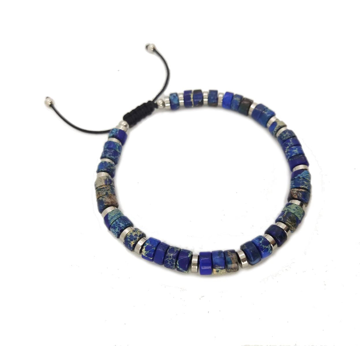 Habibi Jewels Bracciale da Uomo in Pietre Dure Rondelle Diaspro Blu da 6 mm con Elementi in Acciaio e Chiusura Scorrevole Finitura Lucida Lavorazione Artigianale Fatto a Mano Made in Italy