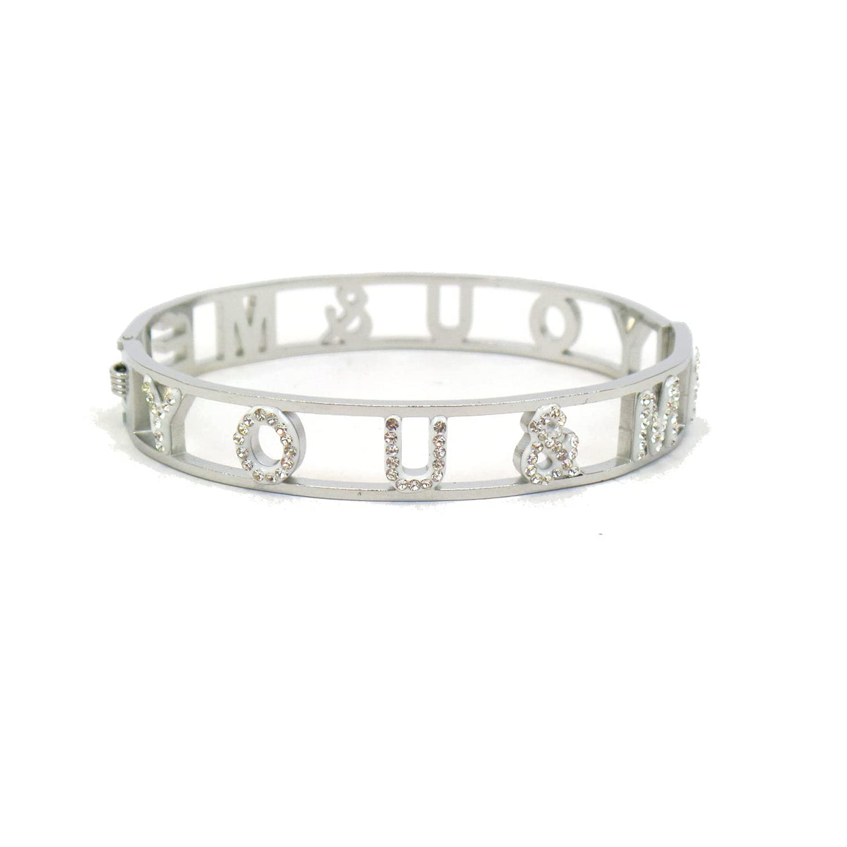 Habibi Jewels Bracciale You and Me Frase in Acciaio Modello Rigido da Donna con Scritta Zirconi Bianchi Braccialetto Bracelet for woman You & Me Chiusura a Manetta