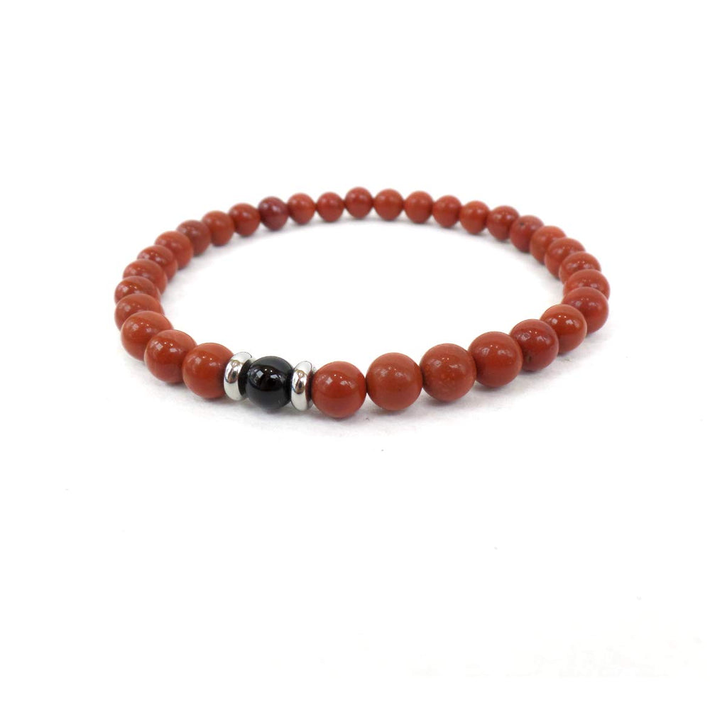 Bracciale Elastico con Pietre dure naturali Diaspro Rosso e Onice nera 6 mm ed elementi in Acciaio per Uomo Donna Made in Italy artigianale Fatto a mano Braccialetto