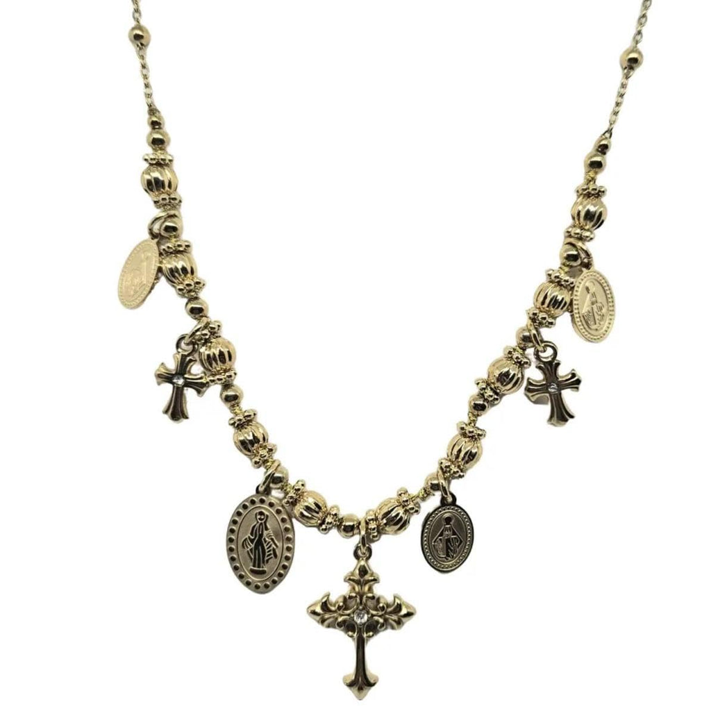 Habibi Jewels Collana Acciaio Croce Centrale Madonnina Gold Dorato da Donna con Sfere Croci Brillantini e Catenina Pallinata Chiusura a Moschettone Lunghezza 45+5 cm Regalo Perfetto