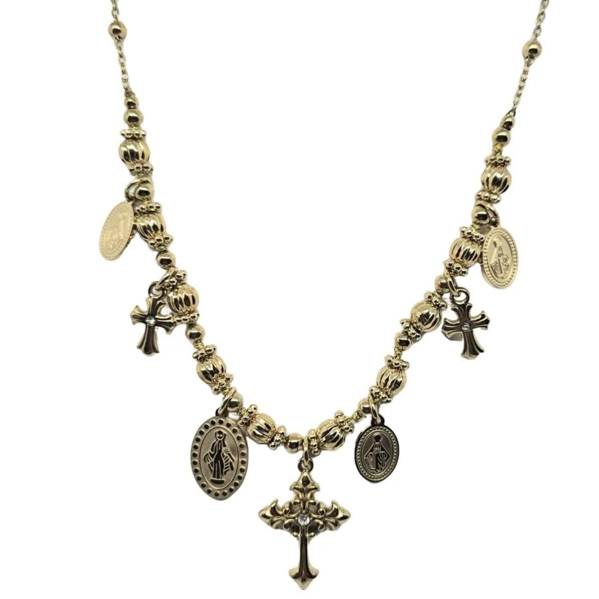 Habibi Jewels Collana Acciaio Croce Centrale Madonnina Gold Dorato da Donna con Sfere Croci Brillantini e Catenina Pallinata Chiusura a Moschettone Lunghezza 45+5 cm Regalo Perfetto