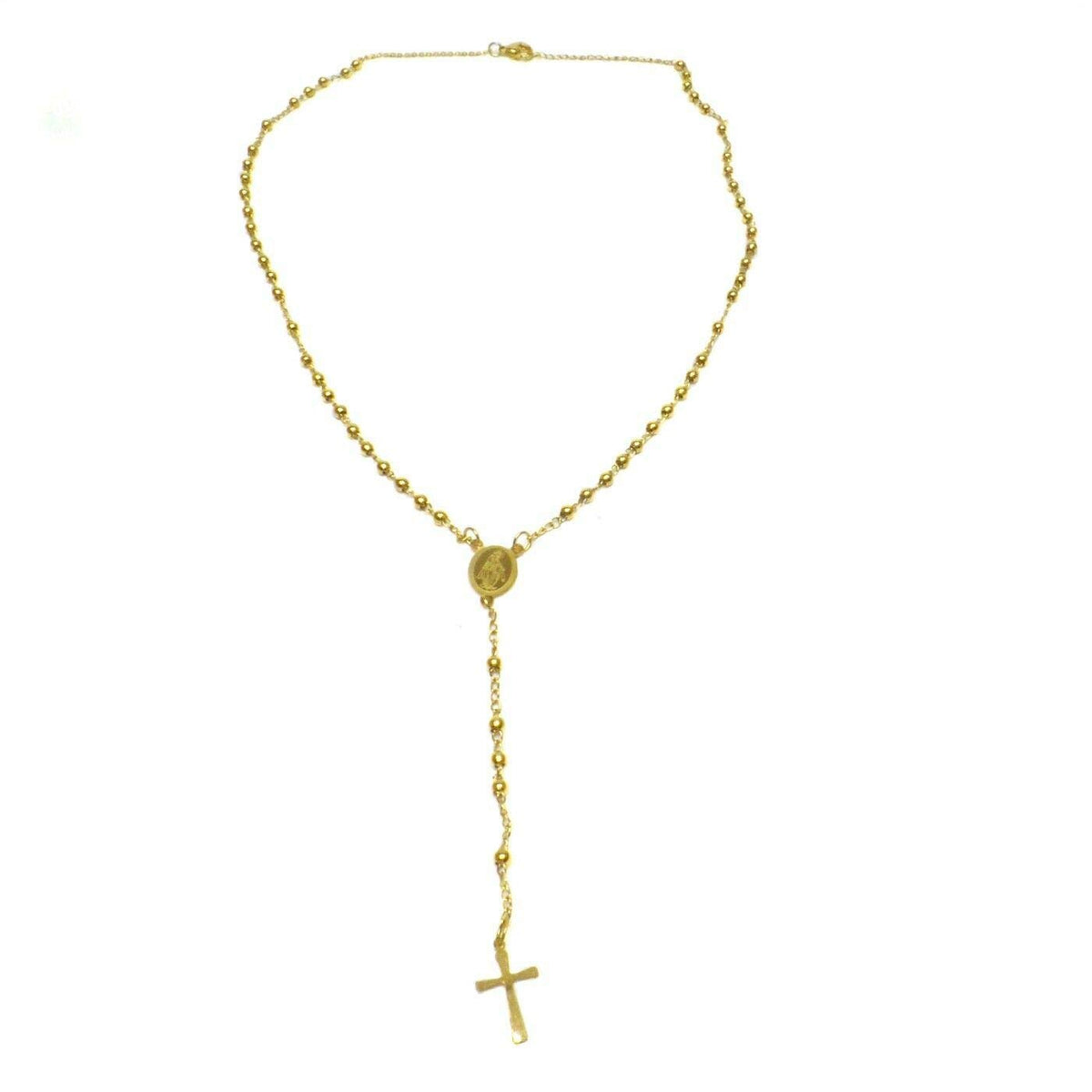 Habibi Jewels Collana Rosario in Acciaio da Uomo Donna Gold Grani Perline Medaglietta Madonnina e Ciondolo Croce Idea Regalo Compleanno Laurea Onomastico Comunione