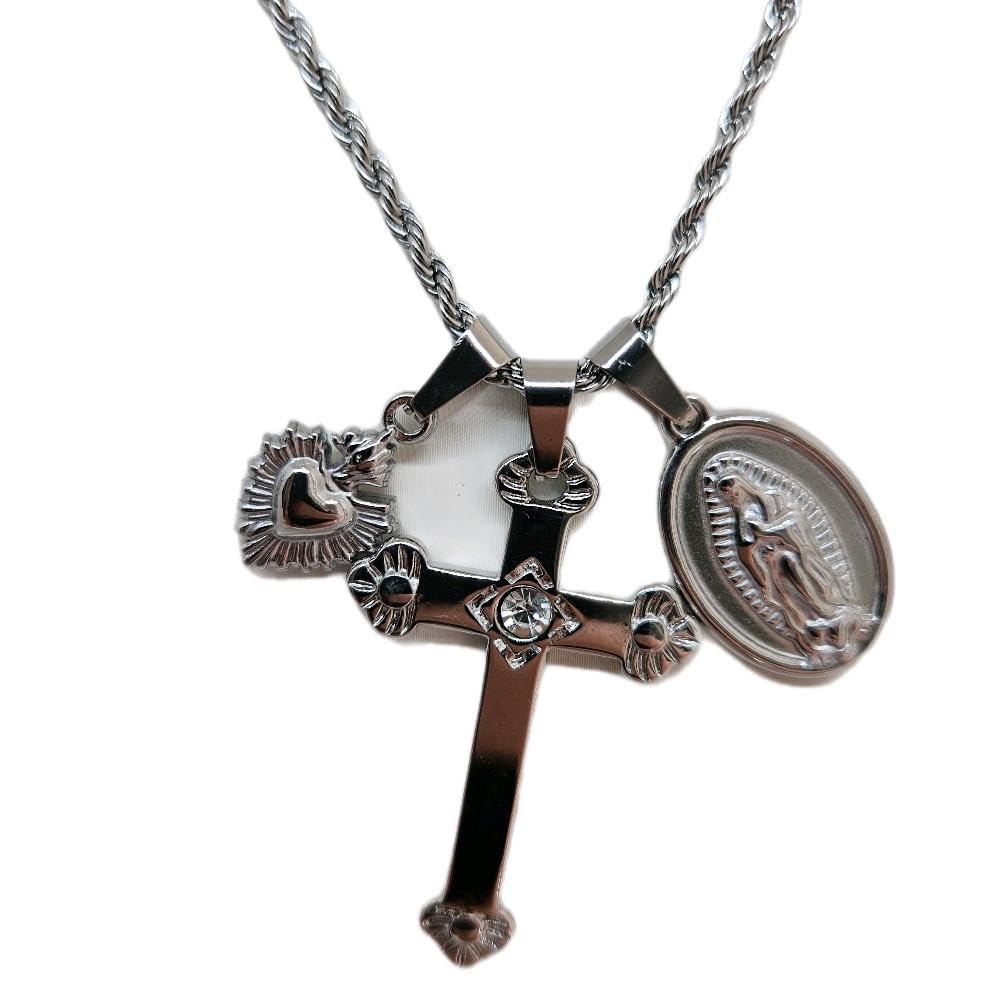 Habibi Jewels Collana Acciaio Croce Sacro Cuore Madonnina Silver Argentato con Collana Torchon Intrecciata per Donna Elegante e Moderna Festa della Mamma Compleanno Idea Regalo