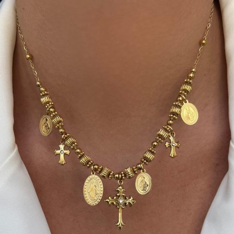 Habibi Jewels Collana Acciaio Croce Centrale Madonnina Gold Dorato da Donna con Sfere Croci Brillantini e Catenina Pallinata Chiusura a Moschettone Lunghezza 45+5 cm Regalo Perfetto