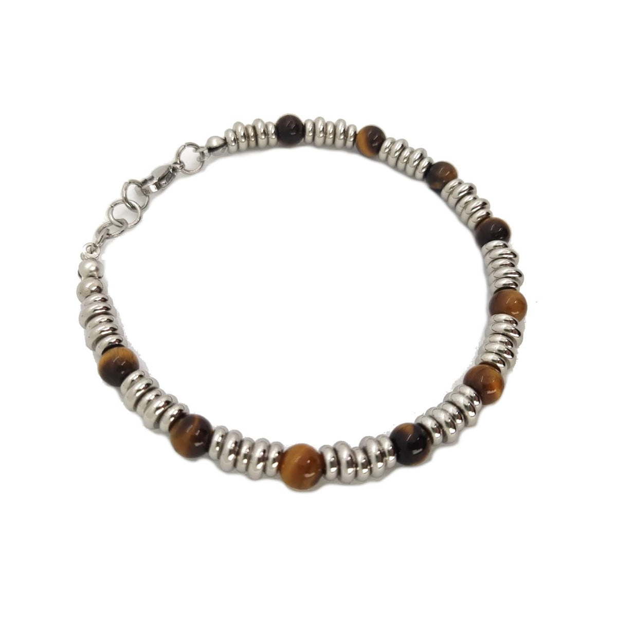 Bracciale da Uomo in Acciaio con Pietre Dure Occhio di Tigre 6 mm, dischetti in Acciaio Chiusura a Moschettone Lunghezza Regolabile Finitura Lucida Lavorazione Artigianale Fatto a Mano Made in Italy