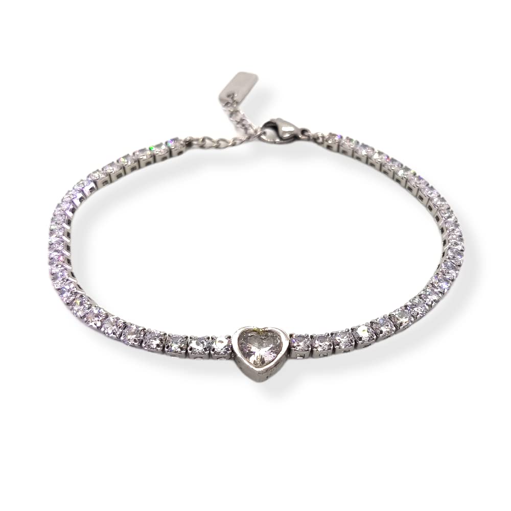 Habibi Jewels Bracciale Tennis Donna in Acciaio con Cuore Brillantino Bianco e Strass Brillantini Braccialetto Idea Regalo Festa della Mamma Compleanno Laurea