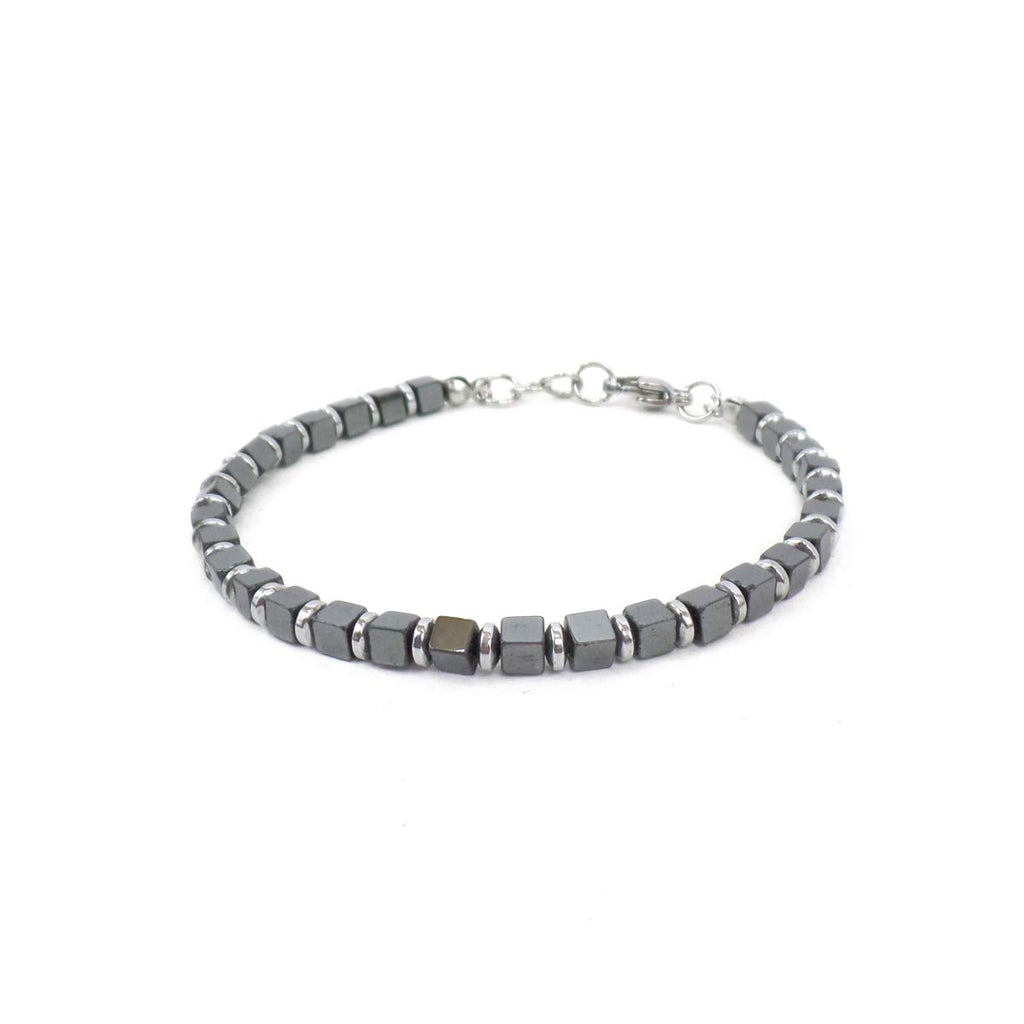 Bracciale Regolabile Uomo Donna Bracciale con Pietre Dure Naturali Ematite a cubetti e moschettone in Acciaio