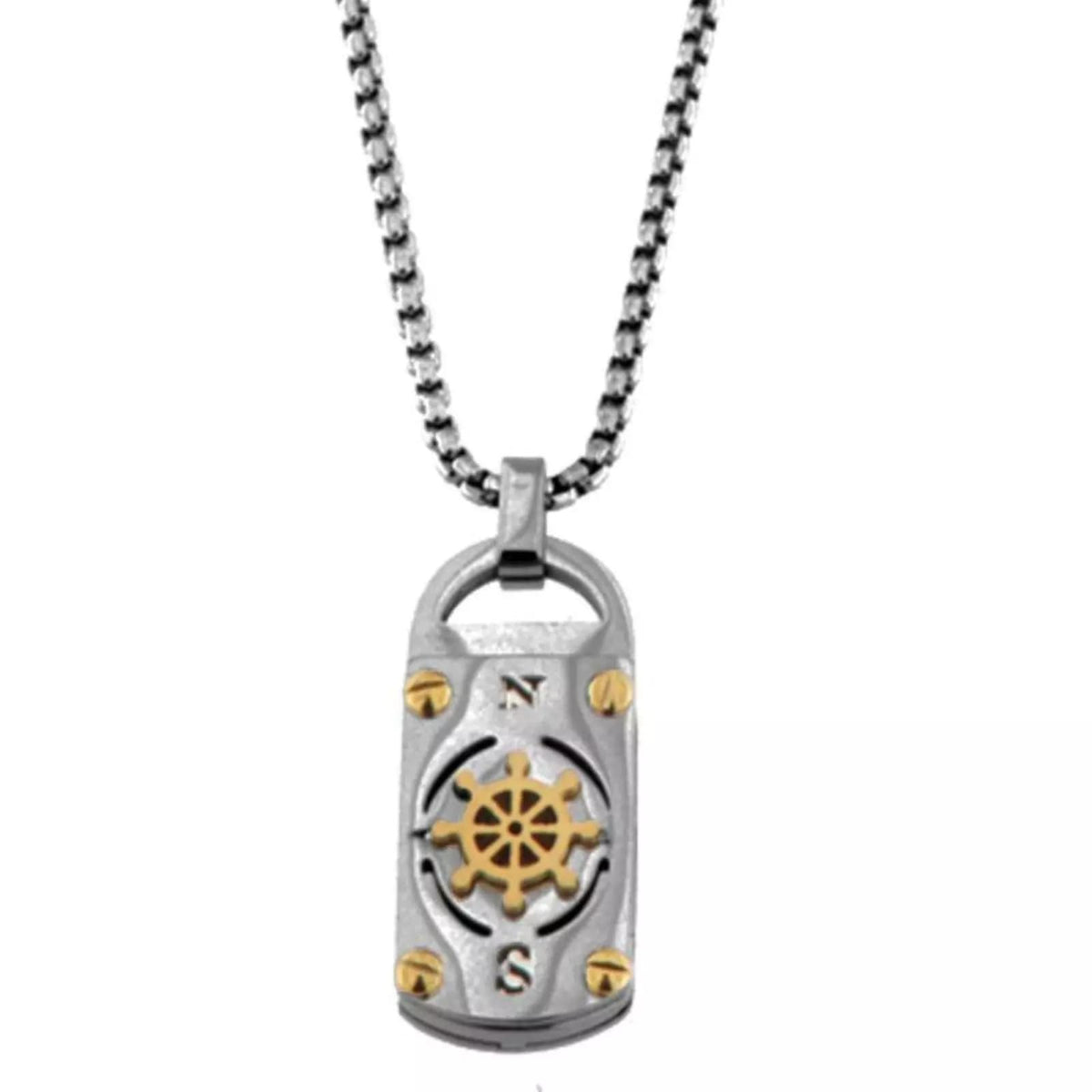 Collana in Acciaio con Ciondolo Timone Bussola da Uomo Piastrina Rettangolare Catena Maglia Veneziana Chiusura a Moschettone Idea Regalo Festa del Papà Compleanno Laurea Viaggio Viaggiatore Marinaio