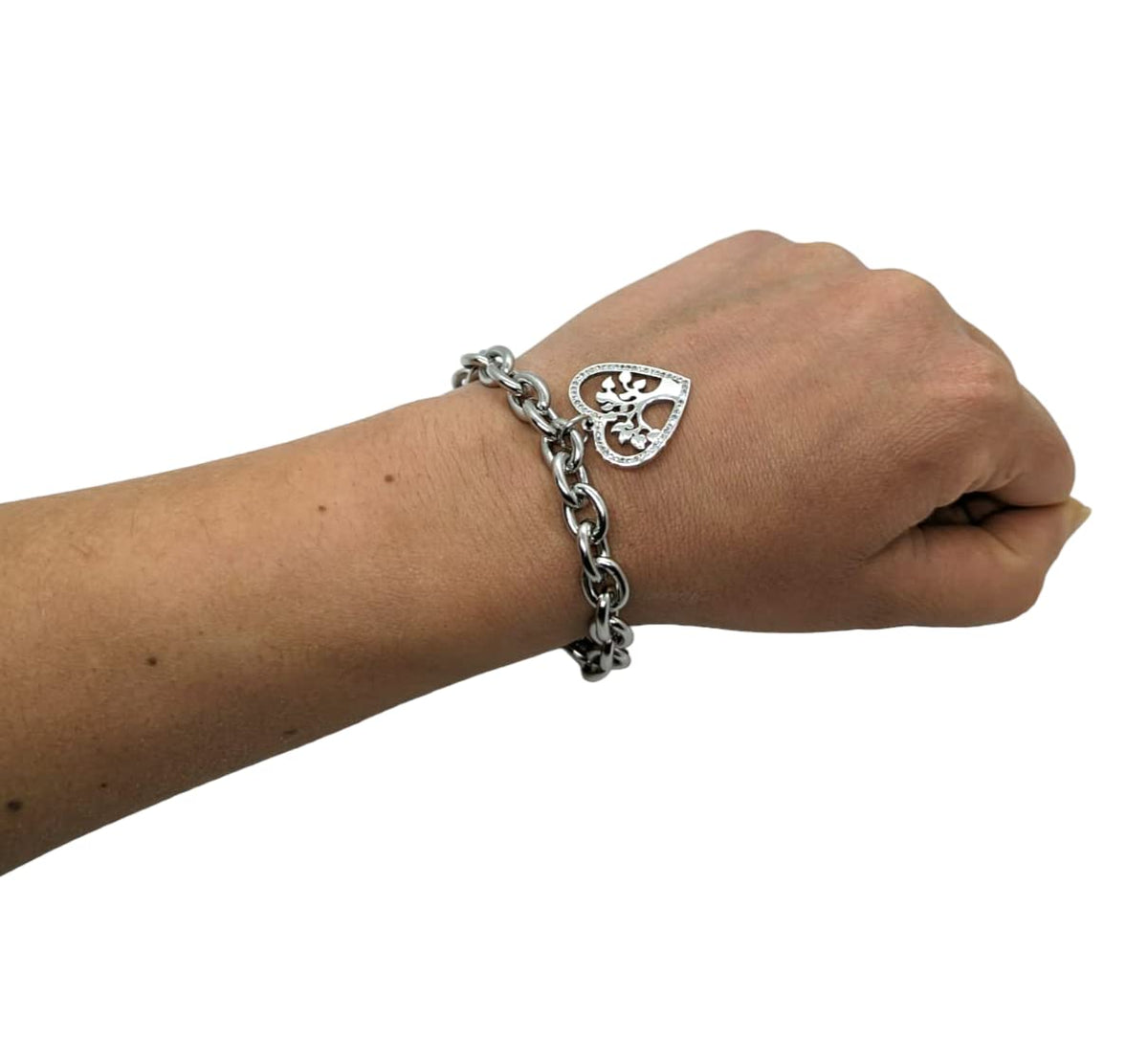 Bracciale da Donna in Acciaio con Cuore Albero della Vita Zirconi Brillantini Catena a Maglia Larga Braccialetto Compleanno Laurea Onomastico Festa della Mamma Festa della Donna Amicizia