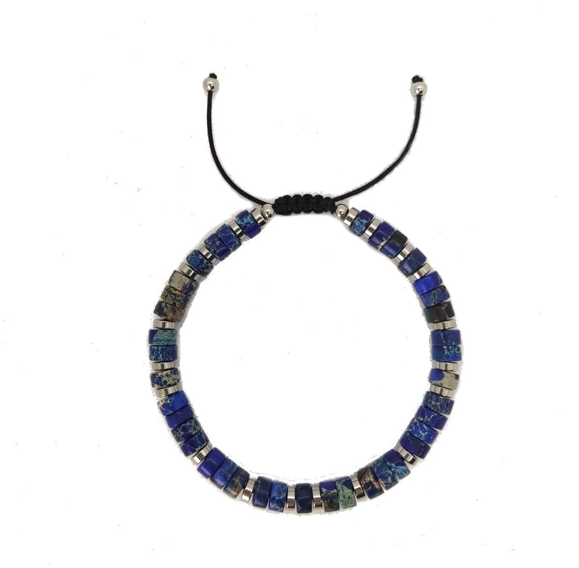 Habibi Jewels Bracciale da Uomo in Pietre Dure Rondelle Diaspro Blu da 6 mm con Elementi in Acciaio e Chiusura Scorrevole Finitura Lucida Lavorazione Artigianale Fatto a Mano Made in Italy
