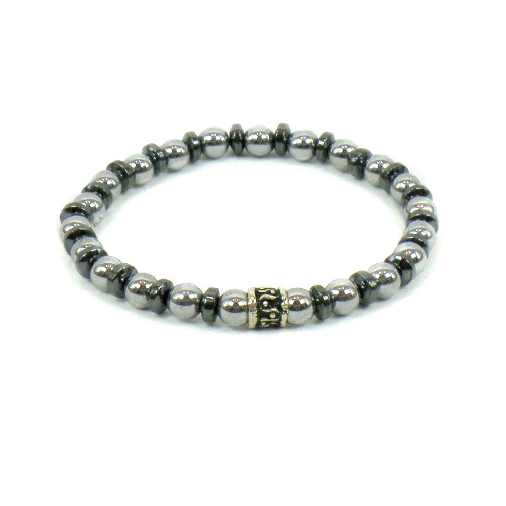 Bracciale Elastico con pietre dure naturali Ematite Silver 6 mm, dischetti Ematite Grigia ed elemento centrale in argento 925 per Uomo Donna Made in Italy artigianale Fatto a mano
