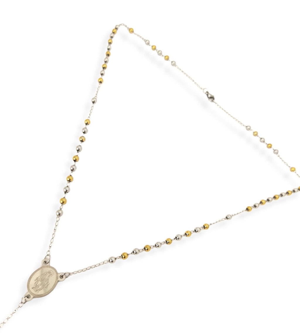 Habibi Jewels Collana Rosario in Acciaio da Uomo Donna Silver e Gold Grani Perline 4 mm Dorata Medaglietta Madonnina e Ciondolo Croce Idea Regalo Compleanno Laurea Onomastico Comunione