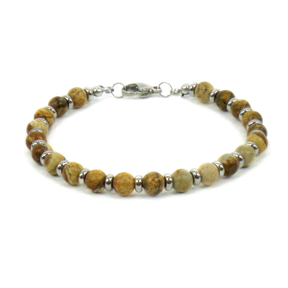 Bracciale da Uomo con Pietre dure naturali Diaspro Picture Paesina 6 mm ed elementi in Acciaio per Uomo Donna Made in Italy artigianale Braccialetto Idea Regalo Compleanno Amore Amicizia Natale