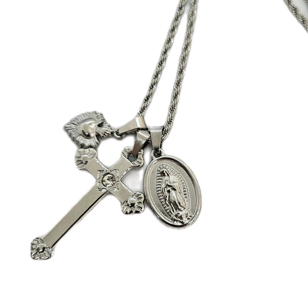 Habibi Jewels Collana Acciaio Croce Sacro Cuore Madonnina Silver Argentato con Collana Torchon Intrecciata per Donna Elegante e Moderna Festa della Mamma Compleanno Idea Regalo