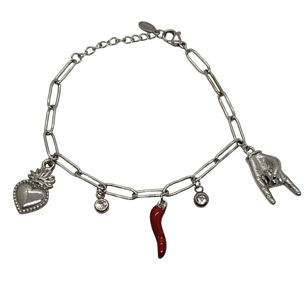 Habibi Jewels Bracciale in Acciaio da Donna con Sacro Cuore Corna Cornetto Portafortuna Braccialetto Scaramantico Chiusura Moschettone Cuore Compleanno Laurea Onomastico Festa della Mamma