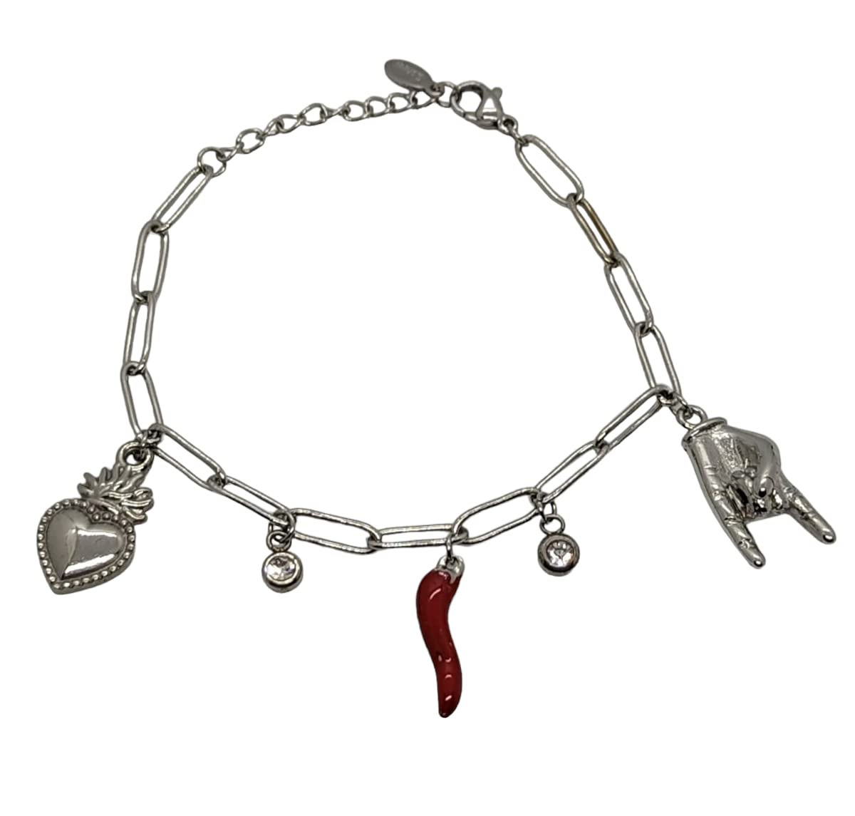 Habibi Jewels Bracciale in Acciaio da Donna con Sacro Cuore Corna Cornetto Portafortuna Braccialetto Scaramantico Chiusura Moschettone Cuore Compleanno Laurea Onomastico Festa della Mamma