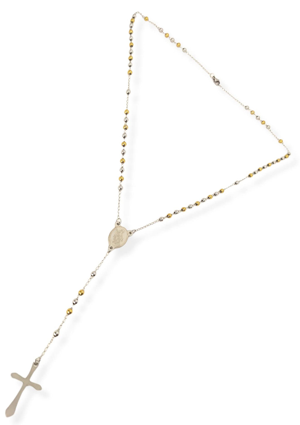 Habibi Jewels Collana Rosario in Acciaio da Uomo Donna Silver e Gold Grani Perline 4 mm Dorata Medaglietta Madonnina e Ciondolo Croce Idea Regalo Compleanno Laurea Onomastico Comunione
