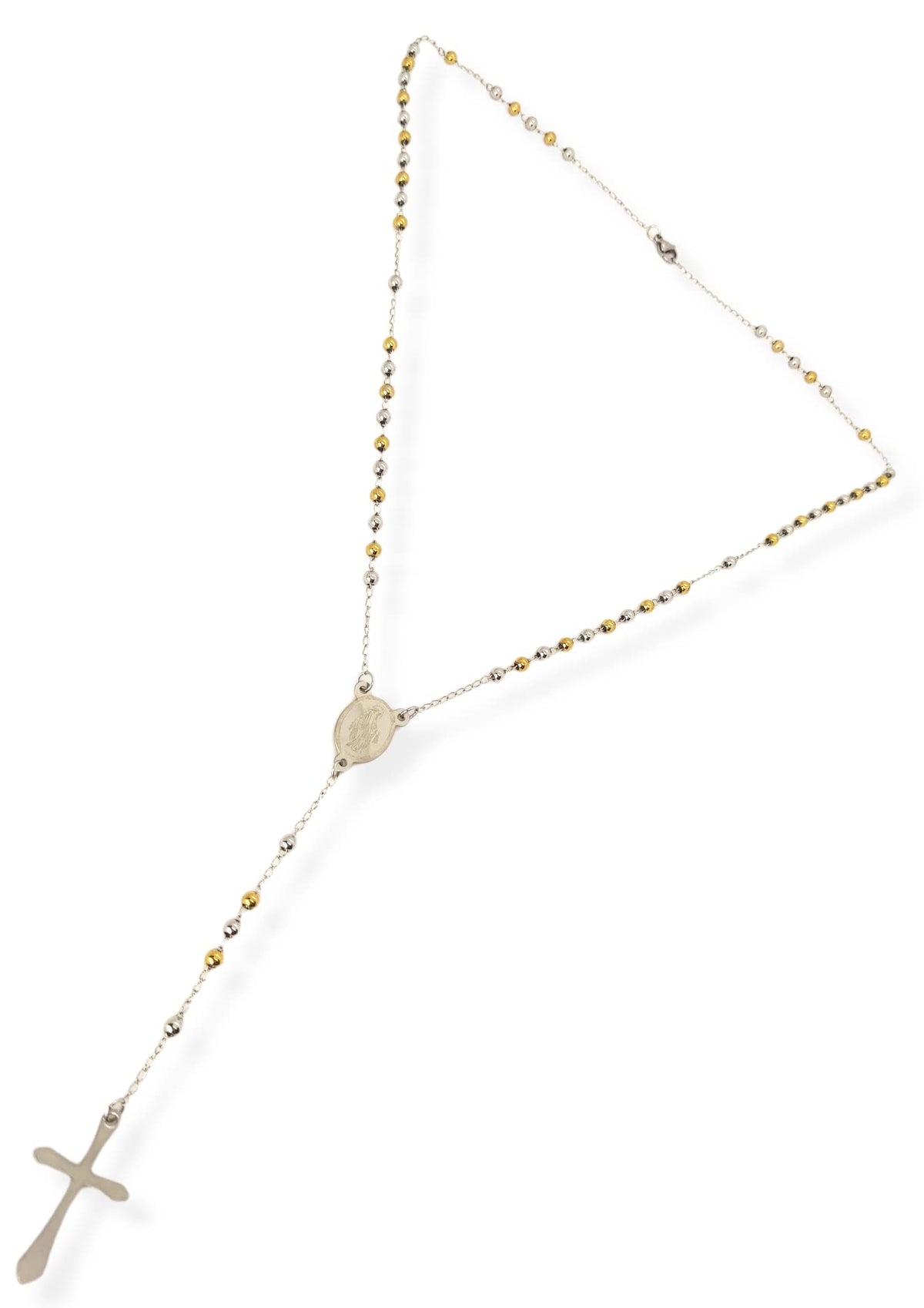 Habibi Jewels Collana Rosario in Acciaio da Uomo Donna Silver e Gold Grani Perline 4 mm Dorata Medaglietta Madonnina e Ciondolo Croce Idea Regalo Compleanno Laurea Onomastico Comunione