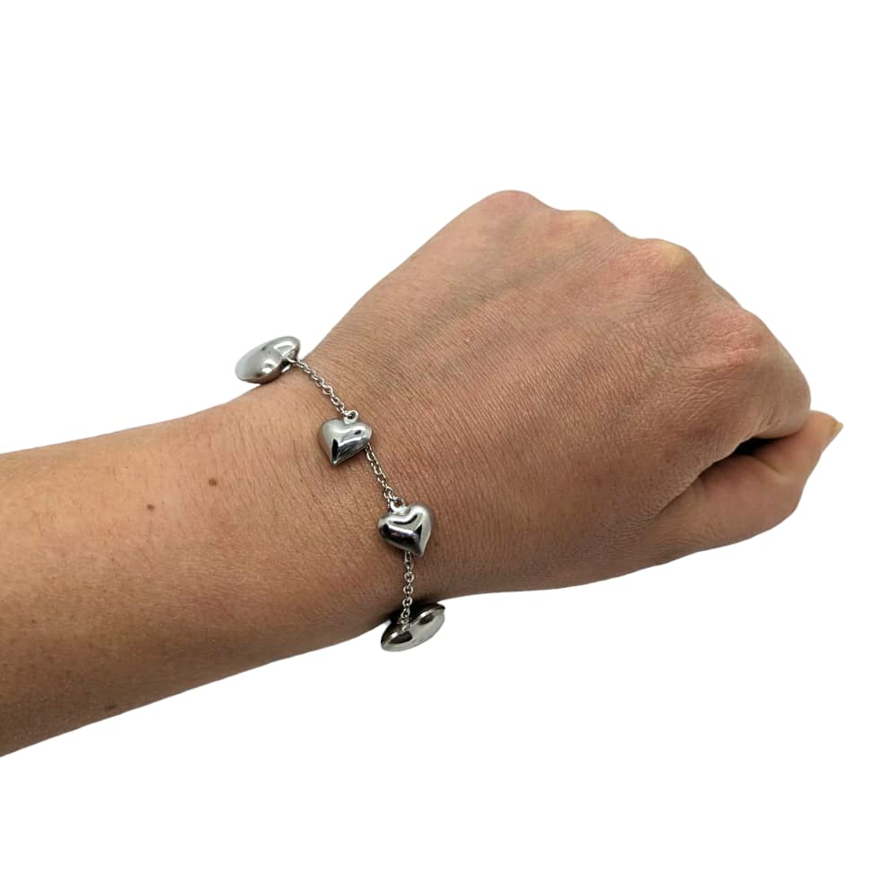 Habibi Jewels Bracciale in Acciaio da Donna con Cuori Pendenti Silver Catena a Maglia Braccialetto Chiusura Moschettone Cuore Compleanno Laurea Onomastico Festa della Mamma